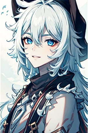 (masterpiece), best quality, expressive eyes, perfect face, perfect eyes, ((best quality)), ((highly detailed)), detailed face, beautiful face, (detailed eyes, deep eyes), girl, (((female))), big deep blue eyes, ((long voluminous hair)), ((white hair)), deep eyes, ((pelt tribal heavy clothes)), razor clothes, dirty, smile, character \(series\),character \(series\)