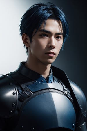 (masterpiece), best quality, expressive eyes, perfect face, centered, (platinum futuristic armor),  (futuristic dojo background), (male), (modern samurai), blue, (blue hair), leather, jedi, young, blue, azure, ((white Haori)), cyberpunk, (teen)