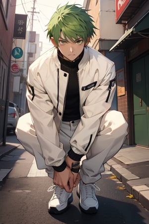 (masterpiece), best quality, best face, perfect face, short guy, skinny, acid-green hair, golden eyes, full_body, girlish, short hair, asymmetrical bangs, gakuran, white jacket, white long pants