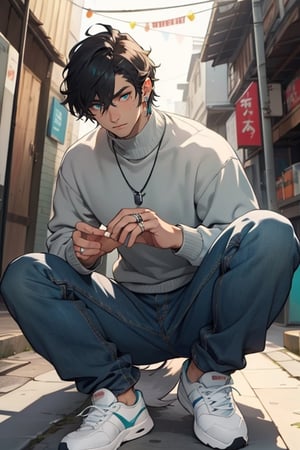 (masterpiece), best quality, expressive eyes, perfect faces, detailed faces, a man, black hair, long tuft covering right eye, teal eyes, fullbody, slender, black turtleneck, jeans, sneakers, a single mole just under left eye, shy, perfect hands, light blue transparent octahedron earring at left ear, wolf tooth necklace, a single silver ring at left thumb, grey socks, five fingers hands, a wedding ring