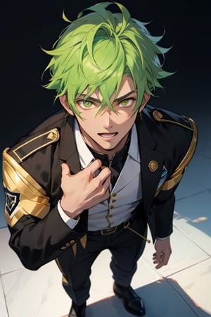 (masterpiece), best quality, expressive eyes, perfect face, detailed face, a boy, acid green hair, golden eyes, effeminate, white uniform black from the chest up, fullbody, happy_face