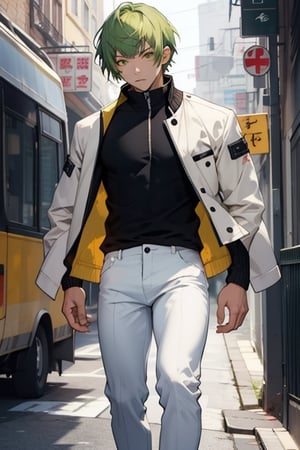 (masterpiece), best quality, best face, perfect face, short guy, skinny, acid-green hair, golden eyes, full_body, girlish, short hair, asymmetrical bangs, gakuran, white jacket, white long pants, yellow t-shirt,