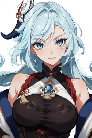 (masterpiece), best quality, expressive eyes, perfect face, perfect eyes, ((best quality)), ((highly detailed)), detailed face, beautiful face, (detailed eyes, deep eyes), girl, (((female))), big deep blue eyes, ((long voluminous hair)), ((white hair)), deep eyes, ((pelt tribal heavy clothes)), poor clothes, fantasy, skinny, dirty face, smile, leather clothes, poor clothes,  brown clothes,shenhe(genshin impact),furina \(genshin impact\),beidoudef