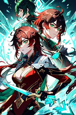 (masterpiece), best quality, expressive eyes, perfect face, perfect eyes, ((best quality)), ((highly detailed)), detailed face, beautiful face, (detailed eyes, deep eyes), female, big green eyes, ((long voluminous hair)), ((red hair)), deep eyes, ((dark red catsuit)), ((2 swords)), (emerald green sword), (ice made frost sword), character \(series\)