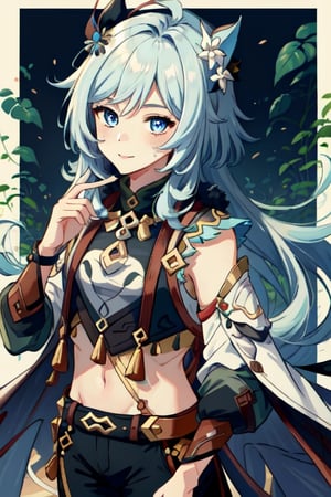 (masterpiece), best quality, expressive eyes, perfect face, perfect eyes, ((best quality)), ((highly detailed)), detailed face, beautiful face, (detailed eyes, deep eyes), girl, (((female))), big deep blue eyes, ((long voluminous hair)), ((white hair)), deep eyes, ((pelt tribal heavy clothes)), poor clothes, razor clothes, skinny, dirty face, smile, character \(series\),character \(series\)