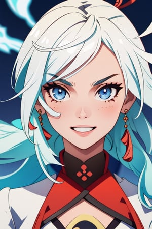 (masterpiece), best quality, expressive eyes, perfect face, perfect eyes, ((best quality)), ((highly detailed)), detailed face, beautiful face, (detailed eyes, deep eyes), girl, (((female))), big deep blue eyes, ((long voluminous hair)), ((white hair)), deep eyes, ((pelt tribal heavy clothes)), poor clothes, fantasy, skinny, dirty face, smile, leather clothes, poor clothes,  brown clothes,shenhe(genshin impact),furina \(genshin impact\),beidoudef