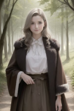 {1girl}, classic fantasy, magician, white skin, HDR,UHD,8K, best quality, {masterpiece}, Highly detailed, slender, {{smile}}, messy hair, {{long hair}}, {{silver hair}}, forest, {{{pelt and leather clothes}}}, {{{{really Poor clothes}}}}, fur coat, dirt on her face, dirt on her hair, dirt on her clothes
