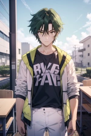 (masterpiece), best quality, best face, perfect face, a girl, lime_green hair, short hair, golden eyes, Suzuna, asymmetric bangs, male clothes, white jacket, white pants, technological classroom, yellow t-shirt, Haruka, rokuro_enmadou