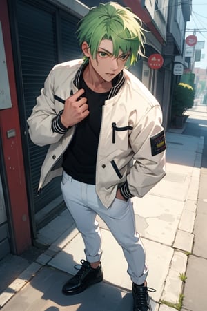 (masterpiece), best quality, best face, perfect face, short guy, skinny, acid-green hair, golden eyes, full_body, girlish, short hair, asymmetrical bangs, gakuran, white jacket, white long pants