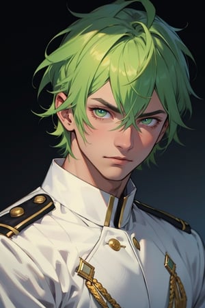 (masterpiece), best quality, expressive eyes, perfect faces, detailed faces, a boy, acid green hair, golden eyes, effeminate, white uniform