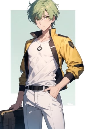 (masterpiece), best quality, best face, perfect face, a girl, female, lime_green hair, short hair, golden eyes, Suzuna, asymmetric bangs, male uniform, white jacket, white pants, technological classroom, yellow t-shirt, Haruka, rokuro_enmadou,suzuna,haruka