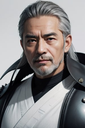 (masterpiece), best quality, expressive eyes, perfect face, centered, (platinum futuristic Japanese armor),  (futuristic dojo background), (male), (modern samurai), (grey hair), leather, white, jedi,  ((white Haori)), cyberpunk, beard, ((old man)), long hair