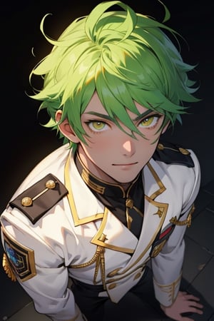 (masterpiece), best quality, expressive eyes, perfect face, detailed face, a boy, acid green hair, golden eyes, effeminate, white uniform, fullbody, happy_face