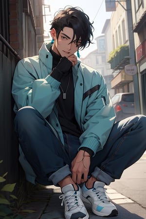 (masterpiece), best quality, expressive eyes, perfect faces, detailed faces, a man, black hair, tuft covering right eye, teal eyes, fullbody, slender, black turtleneck, jeans, sneakers, a single mole just under left eye, shy perfect hands, light blue transparent octahedron earring at left ear, necklace with a canine tooth,  silver ring at left thumb, grey socks
