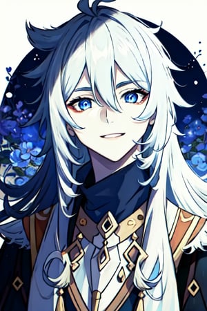 (masterpiece), best quality, expressive eyes, perfect face, perfect eyes, ((best quality)), ((highly detailed)), detailed face, beautiful face, (detailed eyes, deep eyes), female, big deep blue eyes, ((long voluminous hair)), ((white hair)), deep eyes, ((pelt tribal heavy clothes)), razor clothes, dirty, smile, character \(series\),character \(series\)
