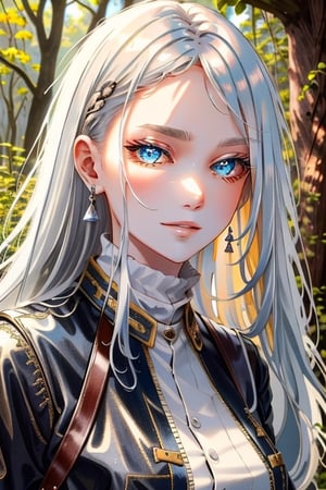 {1girl}, classic fantasy, magician, white skin, HDR,UHD,8K, best quality, {masterpiece}, Highly detailed, slender, {{smile}}, messy hair, {{long hair}}, {{silver hair}}, forest, {{{pelt and leather clothes}}}, {{{{really Poor clothes}}}}, fur coat, dirt on her face, dirt on her hair, dirt on her clothes, 16 years old, simple clothes,