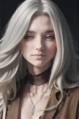 {1girl}, classic fantasy, magician, white skin, HDR,UHD,8K, best quality, {masterpiece}, Highly detailed, slender, {{smile}}, messy hair, {{long hair}}, {{silver hair}}, forest, {{{pelt and leather clothes}}}, {{{{really Poor clothes}}}}, fur coat, dirt on her face, dirt on her hair, dirt on her clothes