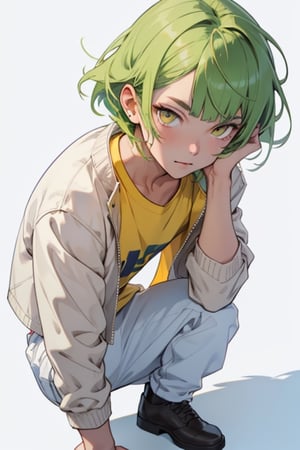 (masterpiece), best quality, best face, perfect face, a girl, skinny, acid-green hair, golden eyes, full_body, pixie hair, asymmetrical bangs, gakuran, white jacket, white long pants, yellow t-shirt, flat chest, 