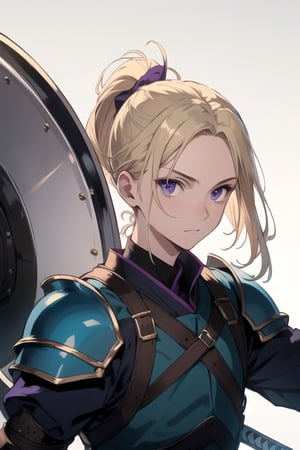 (masterpiece), best quality, best face, perfect face, Yoshitaka_Amano, a guy, blue dressed, blond, purple eyes, ponytail, piece or armor, a sword, a shield