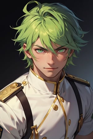 (masterpiece), best quality, expressive eyes, perfect faces, detailed faces, a boy, acid green hair, golden eyes, effeminate, white uniform, fullbody, happy_face