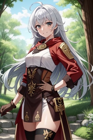 {1girl}, magister, magician, white skin, HDR,UHD,8K, best quality, {masterpiece}, Highly detailed, slender, {{smile}}, messy hair, {{long hair}}, {{silver hair}}, forest, {{pelt and leather clothes}}, {Poor clothes}