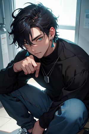 (masterpiece), best quality, expressive eyes, perfect faces, detailed faces, a man, black hair, tuft covering right eye, teal eyes, fullbody, slender, black turtleneck, jeans, sneakers, a single mole just under left eye, shy perfect hands, light blue transparent octahedron earring at left ear, wolf tooth necklace, silver ring at left thumb, grey socks, five fingers hands