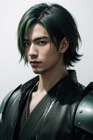 (masterpiece), best quality, expressive eyes, perfect face, centered, (platinum futuristic Japanese armor),  (futuristic dojo background), (male), (modern samurai), (dark green hair), leather, white, jedi,  ((white Haori)), cyberpunk, stylish,