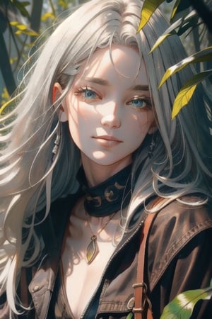 {1girl}, classic fantasy, magician, white skin, HDR,UHD,8K, best quality, {masterpiece}, Highly detailed, slender, {{smile}}, messy hair, {{long hair}}, {{silver hair}}, forest, {{{pelt and leather clothes}}}, {{{{really Poor clothes}}}}, fur coat, dirt on her face, dirt on her hair, dirt on her clothes, 16 years old,