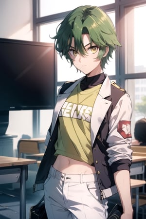 (masterpiece), best quality, best face, perfect face, a girl, female, lime_green hair, short hair, golden eyes, Suzuna, asymmetric bangs, male uniform, white jacket, white pants, technological classroom, yellow t-shirt, Haruka, rokuro_enmadou