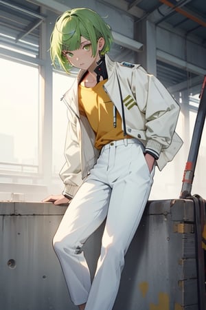 (masterpiece), best quality, best face, perfect face, a girl, skinny, acid-green hair, golden eyes, full_body, pixie hair, asymmetrical bangs, gakuran, white jacket, white long pants, yellow t-shirt, flat chest, 