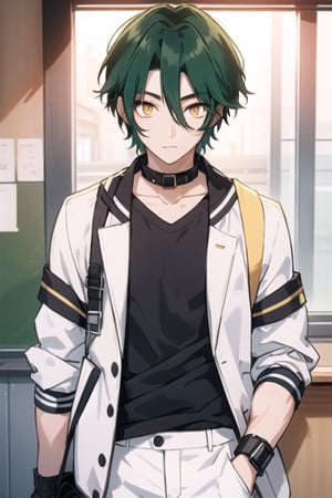 (masterpiece), best quality, best face, perfect face, a girl, acid_green hair, short hair, golden eyes, Suzuna, asymmetric bangs, male clothes, Japanese male school uniform, white jacket with korean collar, white pants, technological classroom, yellow t-shirt,