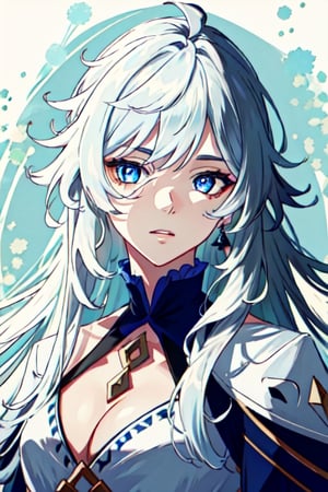 (masterpiece), best quality, expressive eyes, perfect face, perfect eyes, ((best quality)), ((highly detailed)), detailed face, beautiful face, (detailed eyes, deep eyes), female, big deep blue eyes, ((long voluminous hair)), ((white hair)), deep eyes, ((pelt tribal heavy clothes)), character \(series\)