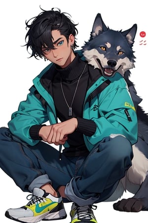 (masterpiece), best quality, expressive eyes, perfect faces, detailed faces, a man, black hair, tuft covering right eye, teal eyes, fullbody, slender, black turtleneck, jeans, sneakers, a single mole just under left eye, shy perfect hands, light blue transparent octahedron earring at left ear, wolf tooth necklace, silver ring at left thumb, grey socks, five fingers hands