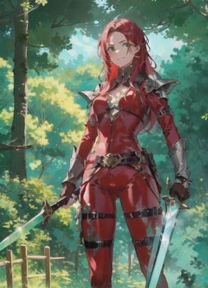 {1girl}, classic fantasy, 2 weapon fighter, {{emerald green short sword}}.  {{ice short sword}},  HDR, UHD, 8K, best quality, {masterpiece}, Highly detailed, slender, {{{{smile}}}}, {{{{unsecure}}}}, messy hair, {{{{long hair}}}}, {voluminous hair}, {{red hair}}, forest, {{{dark red silk catsuit}}}, 20 years old, {{{green eyes}}}, leather armor, sharp facial features,