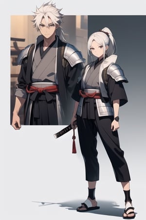 (masterpiece), best quality, expressive eyes, perfect face, a girl, centered, full body platinum armor,  (dojo background::1.2), male, , samurai , modern , jinbaori, , samurai jacket , blue, white hair, long ponytail , futuristic katana at belt, leather, jedi, daimyo jacket,