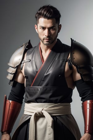(masterpiece), best quality, expressive eyes, perfect face, centered, (platinum futuristic japanese armor),  (futuristic dojo background), (male), (modern samurai), (dark red hair), leather, jedi, young, red, ((white Haori)), cyberpunk, bulk, short beard, robust physique, 40 years old