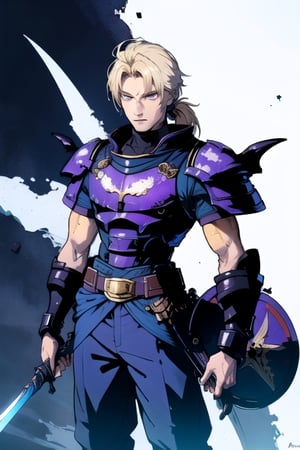 (masterpiece), best quality, best face, perfect face, Yoshitaka Amano, a boy, blue dressed, blond, purple eyes, ponytail, gold armor pauldron, a sword in his right hand, a shield on his back, few colors, most black and white, long_pants, Suzuna, black sky, final fantasy, black and white background