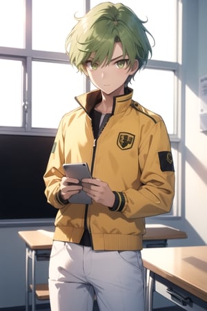 (masterpiece), best quality, best face, perfect face, a girl, female, lime_green hair, short hair, golden eyes, Suzuna, asymmetric bangs, male uniform, white jacket, white pants, technological classroom, yellow t-shirt, Haruka, rokuro_enmadou,suzuna,haruka,short hair