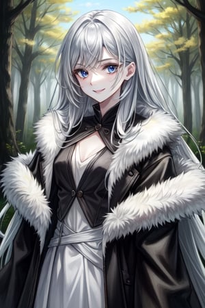 {1girl}, magician, white skin, HDR,UHD,8K, best quality, {masterpiece}, Highly detailed, slender, {{smile}}, messy hair, {{long hair}}, {{silver hair}}, forest, {{{pelt and leather clothes}}}, {{{{really Poor clothes}}}}, fur coat, dirt on her face, dirt on her hair, dirt on her clothes