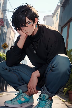 (masterpiece), best quality, expressive eyes, perfect faces, detailed faces, a man, black hair, tuft covering right eye, teal eyes, fullbody, slender, black turtleneck, jeans, sneakers, a single mole just under left eye, shy perfect hands, light blue prism earring at left ear