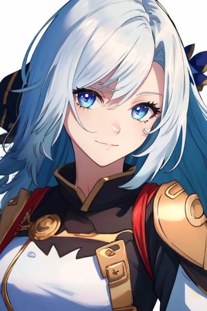 (masterpiece), best quality, expressive eyes, perfect face, perfect eyes, ((best quality)), ((highly detailed)), detailed face, beautiful face, (detailed eyes, deep eyes), girl, (((female))), big deep blue eyes, ((long voluminous hair)), ((white hair)), deep eyes, ((pelt tribal heavy clothes)), poor clothes, skinny, dirty face, smile, leather clothes, poor clothes, shenhe(genshin impact),