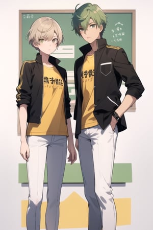 (masterpiece), best quality, best face, perfect face, a girl, female, lime_green hair, short hair, golden eyes, Suzuna, asymmetric bangs, male uniform, white and black jacket, white pants, technological classroom, yellow t-shirt, Haruka, rokuro_enmadou,suzuna,haruka