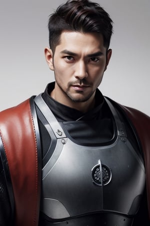 (masterpiece), best quality, expressive eyes, perfect face, centered, (platinum futuristic japanese armor),  (futuristic dojo background), (male), (modern samurai), (dark red hair), leather, jedi, young, red, ((white Haori)), cyberpunk, bulk, short beard, robust physique, 40 years old, huge