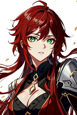 (masterpiece), best quality, expressive eyes, perfect face, perfect eyes, ((best quality)), ((highly detailed)), detailed face, beautiful face, (detailed eyes, deep eyes), female, big green eyes, ((long voluminous hair)), ((red hair)), deep eyes, ((dark red catsuit)), character \(series\)