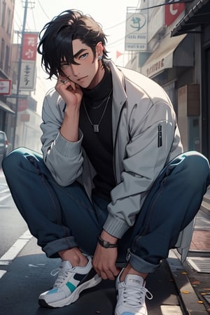 (masterpiece), best quality, expressive eyes, perfect faces, detailed faces, a man, black hair, tuft covering right eye, teal eyes, fullbody, slender, black turtleneck, jeans, sneakers, a single mole just under left eye, shy perfect hands, light blue transparent octahedron earring at left ear, necklace with a vampire canine,  silver ring at left thumb, grey socks
