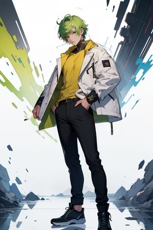 (masterpiece), best quality, best face, perfect face, short guy, skinny, acid-green hair, golden eyes, full_body, girlish, short hair, asymmetrical bangs, gakuran, white jacket, white long pants, yellow t-shirt,