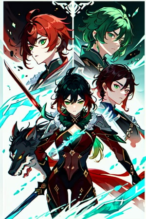 (masterpiece), best quality, expressive eyes, perfect face, perfect eyes, ((best quality)), ((highly detailed)), detailed face, beautiful face, (detailed eyes, deep eyes), female, big green eyes, ((long voluminous hair)), ((red hair)), deep eyes, ((dark red catsuit)), ((((2 swords)))), ((emerald green sword)), ((ice made frost sword)), character \(series\)
