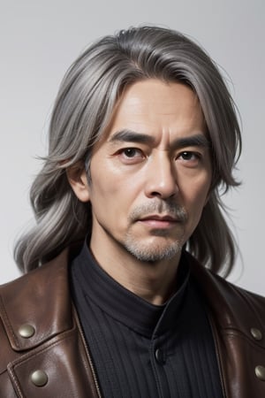 (masterpiece), best quality, expressive eyes, perfect face, centered, (platinum futuristic Japanese armor),  (futuristic dojo background), (male), (modern samurai), (grey hair), leather, jedi,  ((white Haori)), cyberpunk, beard, ((old man)), long hair