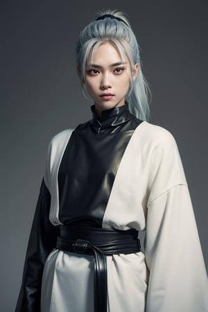 (masterpiece), best quality, expressive eyes, perfect face, a girl, centered, platinum futuristic armor,  dojo background, male, samurai , modern , jinbaori, , samurai jillet , blue, white hair, long ponytail , futuristic katana, katana at belt, leather, jedi, daimyo jillet, young, blue, futuristic leather jinbaori, azure, opened leather jillet, white, black, yellow,