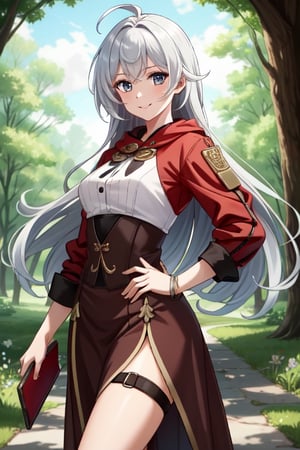 {1girl}, magician, white skin, HDR,UHD,8K, best quality, {masterpiece}, Highly detailed, slender, {{smile}}, messy hair, {{long hair}}, {{silver hair}}, forest, {{pelt and leather clothes}}, {{{{really Poor clothes}}}}